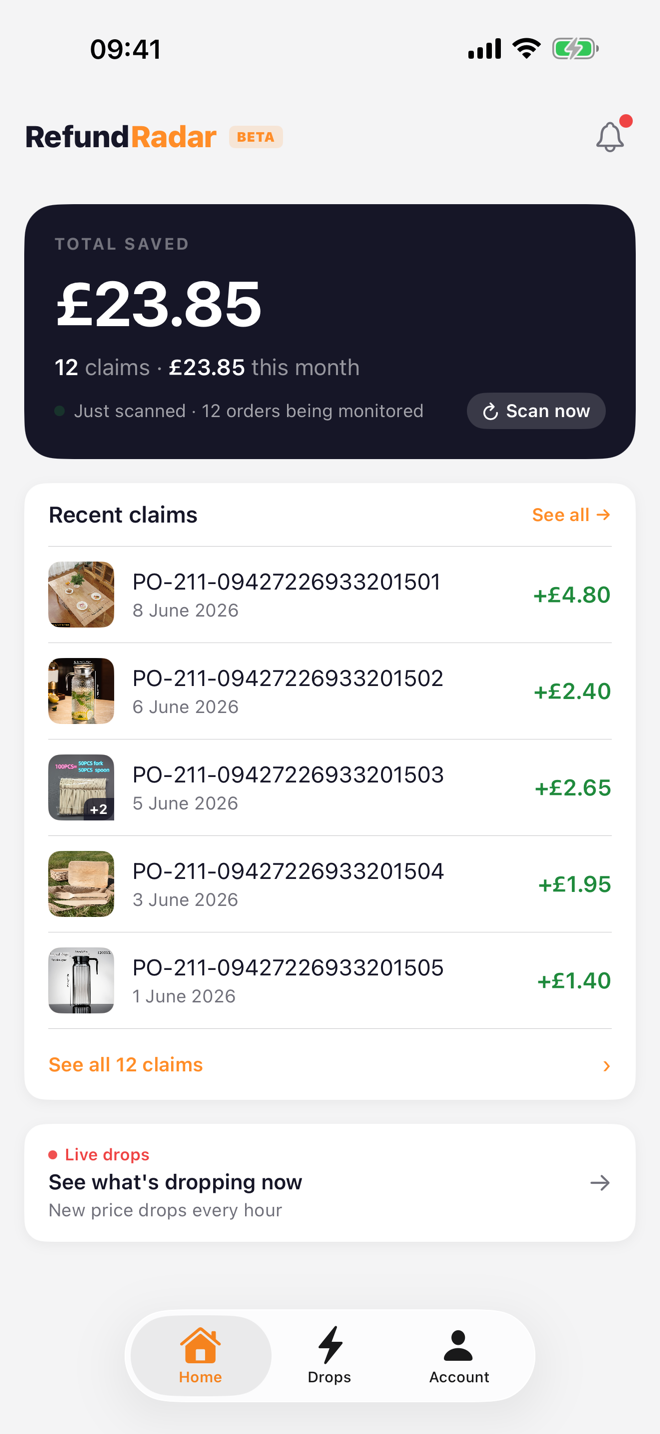 RefundRadar &mdash; &pound;23.85 total saved on the home screen