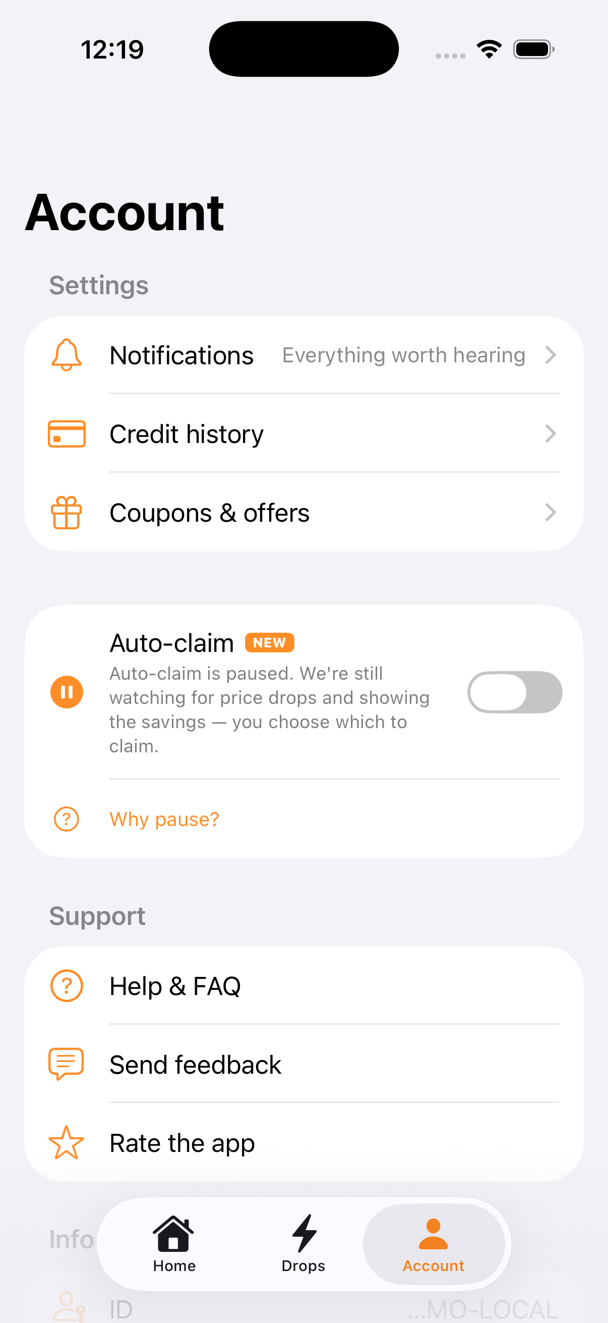 RefundRadar Account screen: the Auto-claim toggle marked NEW in its own section below Settings, shown paused (off), with the note 'Auto-claim is paused. We're still watching for price drops and showing the savings.'