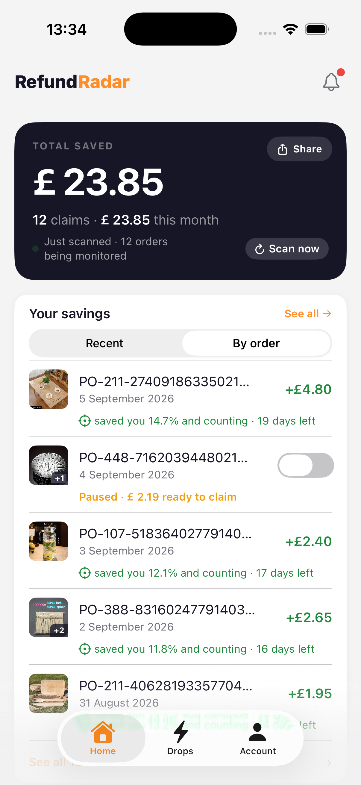 RefundRadar Home savings card in the By-order lens: each order has its own auto-claim switch, with one order paused in grey reading 'Paused, 2.19 ready to claim' and other orders active and counting their savings