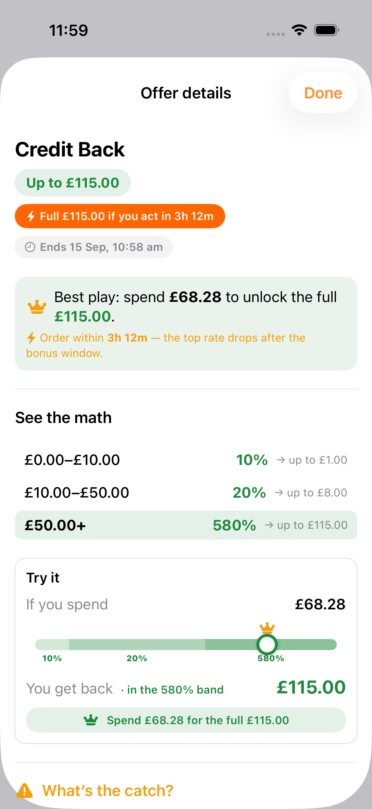 RefundRadar in-app calculator: best play spend 68.28 pounds to unlock 115 pounds, a rate ladder, and a slider showing the return at each spend