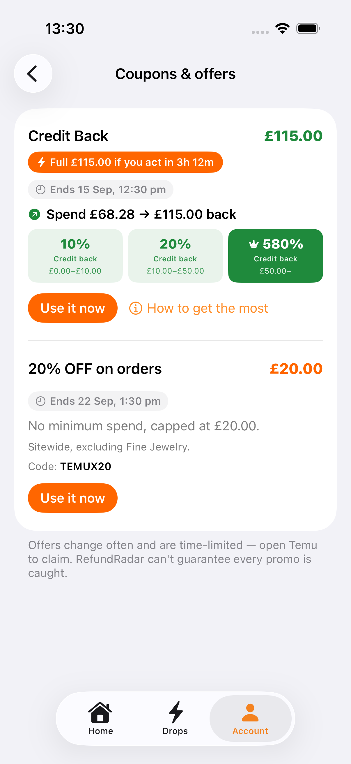 RefundRadar Coupons and offers screen showing a Temu Credit Back offer with the spend-to-unlock amount and a countdown