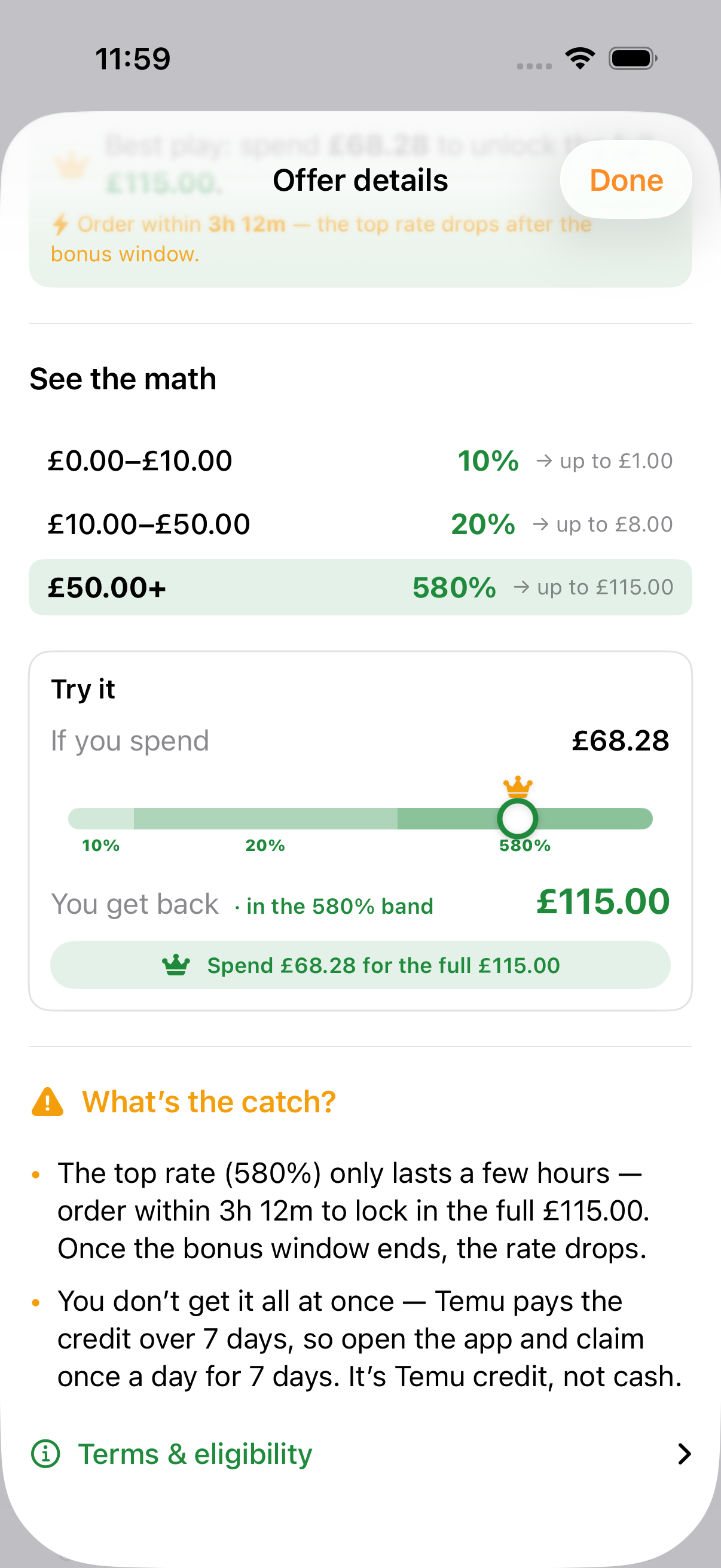 RefundRadar What's the catch section: the top rate only lasts a few hours, and the credit is paid out over 7 days