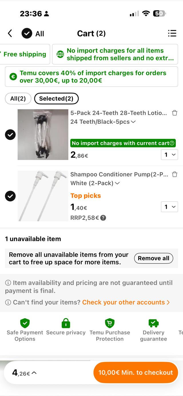 Temu German-store cart showing the banner 'Temu covers 40% of import charges for orders over 30,00 euro, up to 20,00 euro' and an individual item tagged 'No import charges with current cart'
