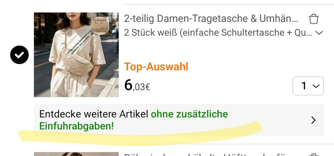 Temu EU cart showing a highlighted prompt, 'Entdecke weitere Artikel ohne zusaetzliche Einfuhrabgaben' (Discover more items without additional import charges), which opens a page of same-tariff items you can add without a further import fee