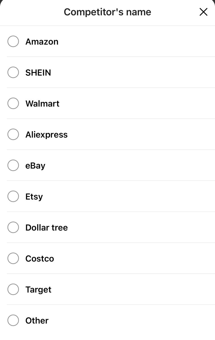 Competitor list on a Temu UK price match request: Amazon, SHEIN, Walmart, Aliexpress, eBay, Etsy, Dollar tree, Costco, Target and Other