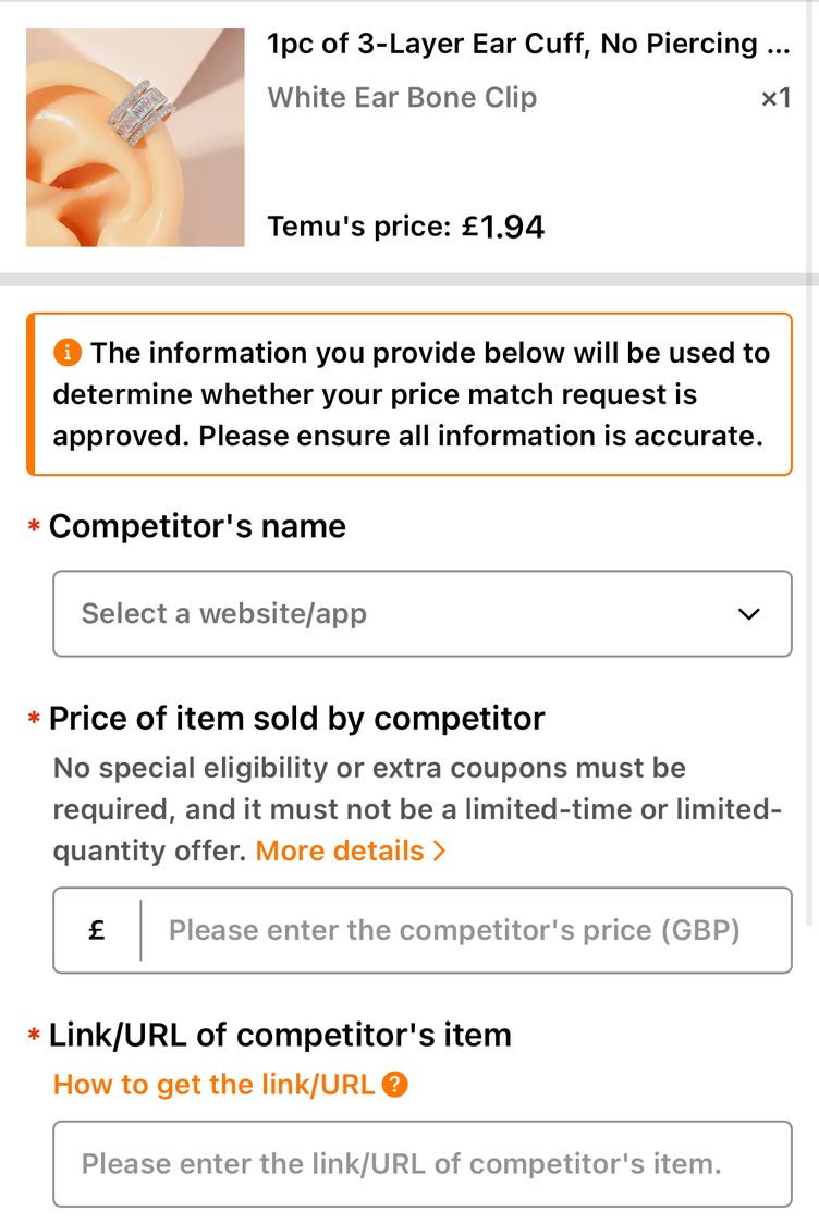 Temu UK Request a price match refund form showing Temu's price of 1.94 pounds, a competitor name dropdown, a competitor price field in GBP and a link field