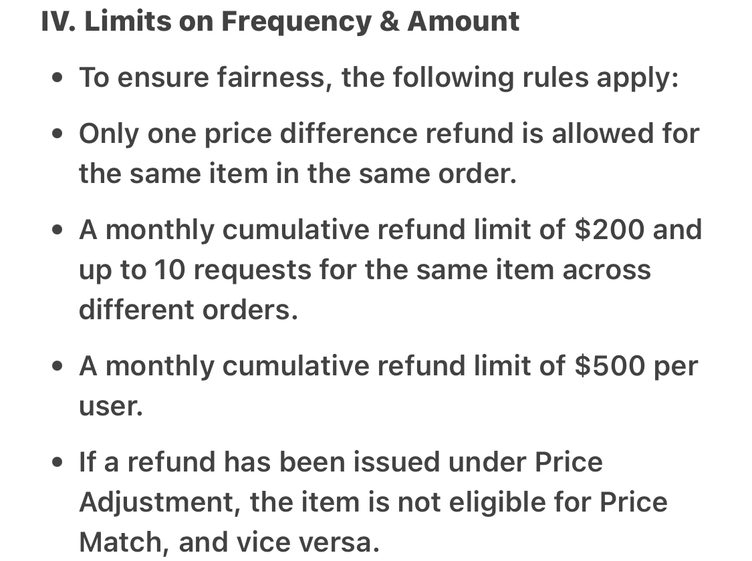 Limits on Frequency and Amount section of the Temu price match policy on a UK account: one refund per item per order, a 200 dollar monthly limit per item across up to 10 requests, a 500 dollar monthly limit per user, and no Price Match after a Price Adjustment