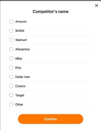 Temu Canada price match competitor dropdown listing Amazon, SHEIN, Walmart, AliExpress, eBay, Etsy, Dollar Tree, Costco, Target and Other