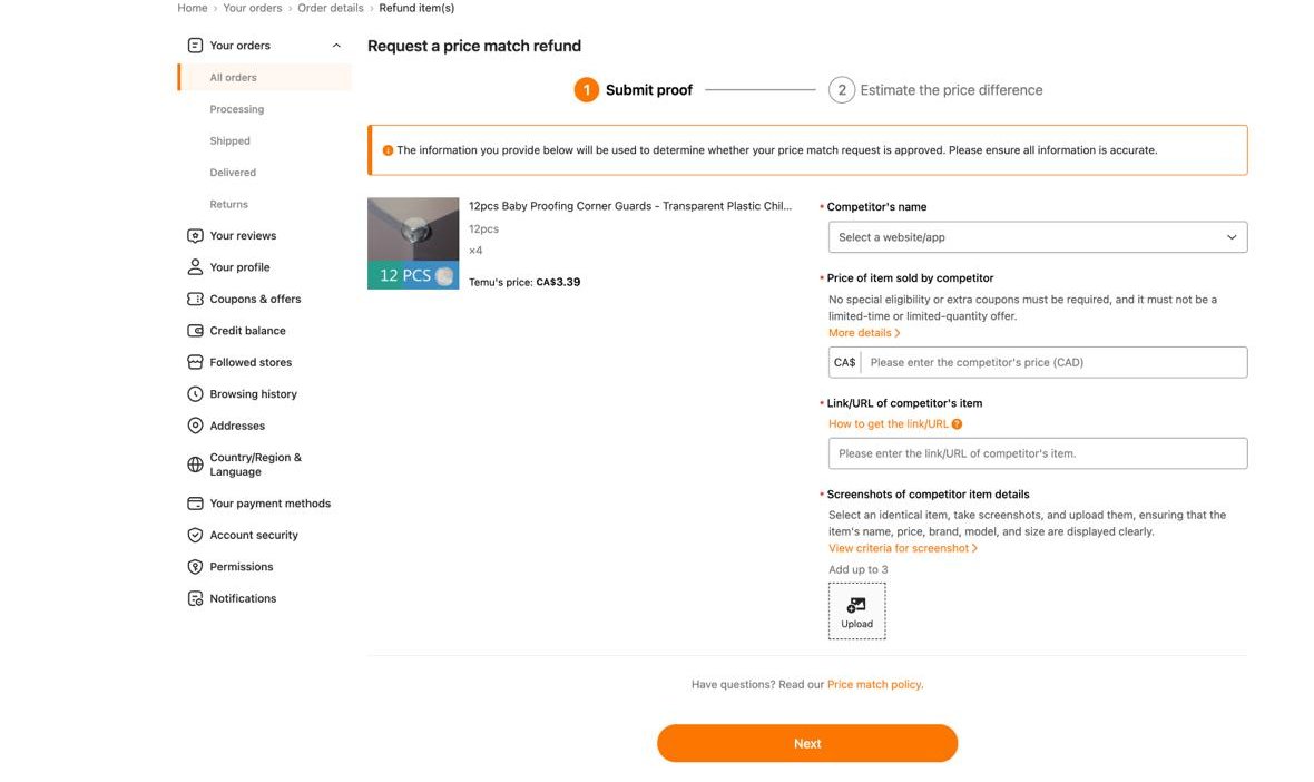 Temu Request a price match refund form asking for competitor name, competitor price in CAD, item URL and screenshots, with a two-step Submit proof then Estimate the price difference flow