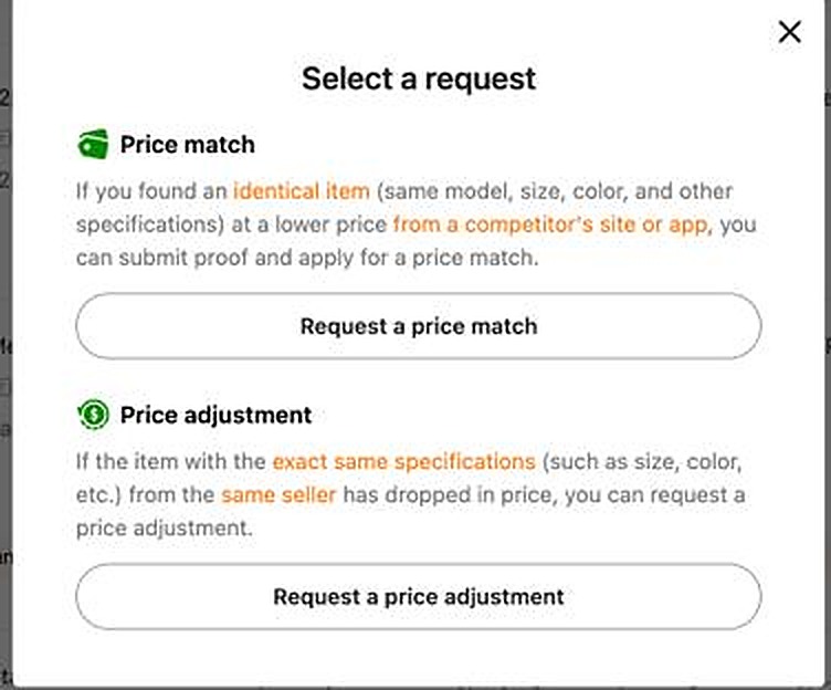 Temu's Select a request menu on a Canada account, showing Request a price match above Request a price adjustment as two separate options